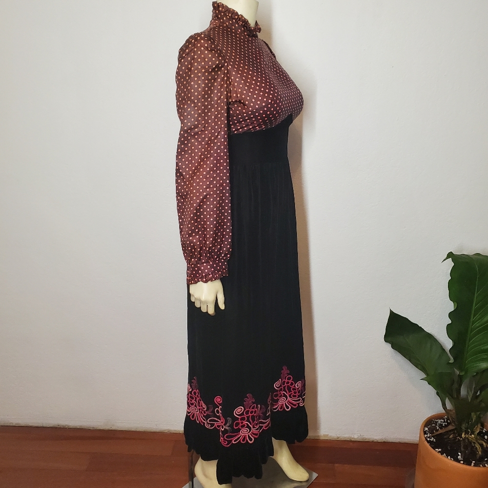 Vintage 70s Vicky Victorian Velvet Dot Dress - Picture 8 of 11